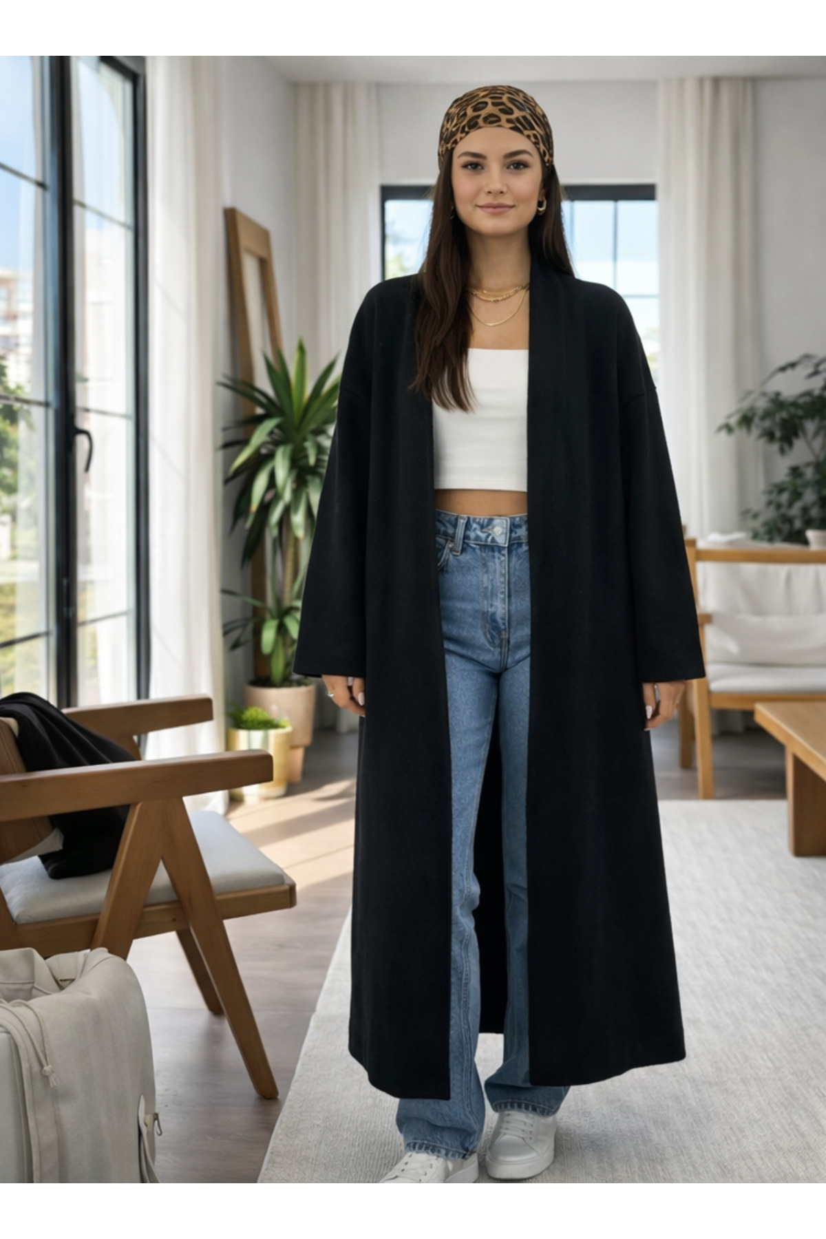 Women's Raised Long Oversized Knitwear Cardigan, Shawl Collar, Comfortable 120 cm, Winter Wool Standard Size