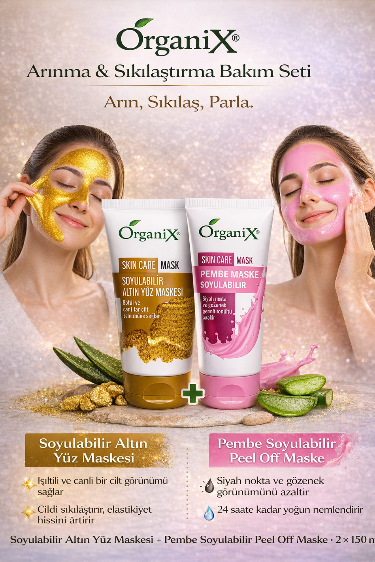 Organix Arınma & Sıkılaştırma Bakım Seti | Soyulabilir Altın Yüz Maskesi + Pembe Peel Off Maske 2×150ml — organix-altın-pembe-2x150