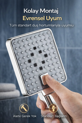 SUVİA Yüksek Basınçlı Kare El Duş Başlığı – 3 Fonksiyonlu – Su Tasarruflu – M...