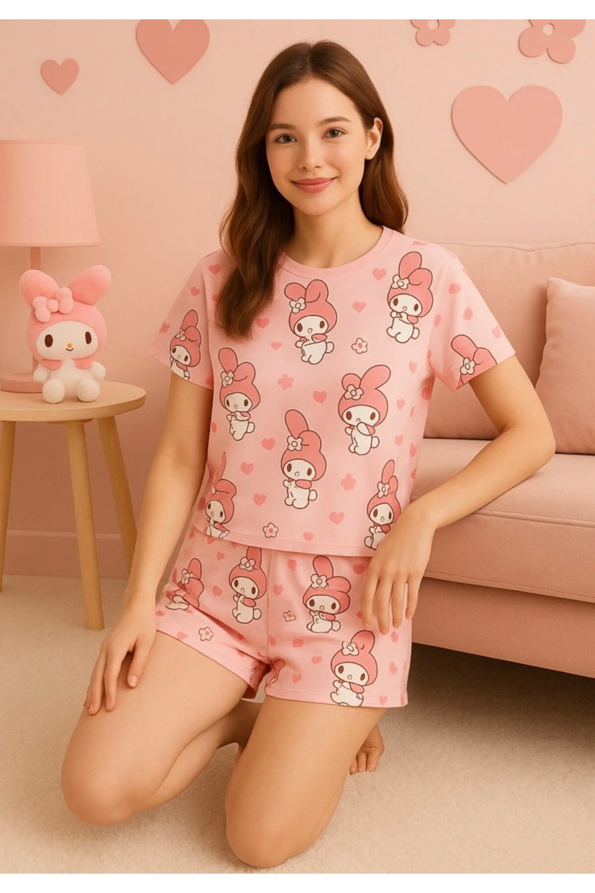 New Mix Women's My Melody Patterned Pink Shorts Pajamas Set - Summer Home Wear