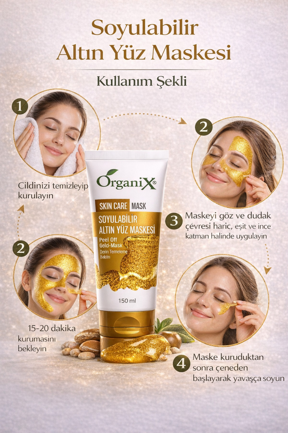 Arınma & Sıkılaştırma Bakım Seti | Soyulabilir Altın Yüz Maskesi + Pembe Peel Off Maske 2×150ml — organix-altın-pembe-2x150 — تصویر 3 از 7