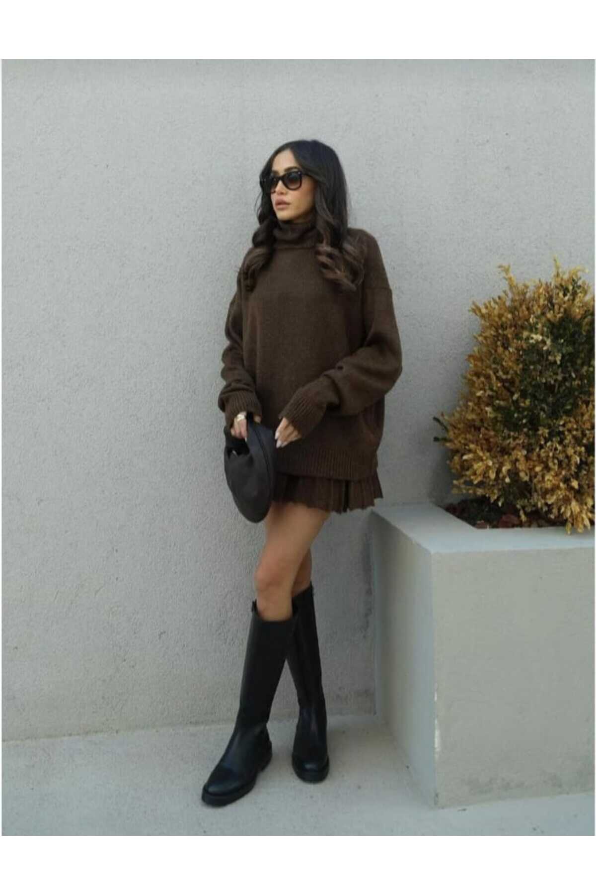 Bitter Coffee Pleated Mini Skirt Fisherman Sweater Bottom Top Knitwear Set