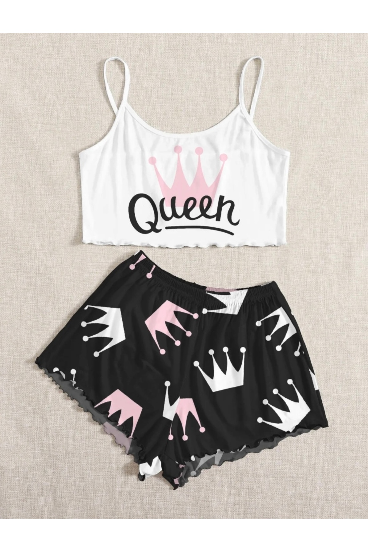 Strappy Shorts Pajamas Set PinkWhite Queen Supersoft Basic Single Jersey