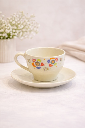 Porland Beste 6 Kişilik Porselen Çay Fincan Takımı - Renkli Desenli 12 Parça Set