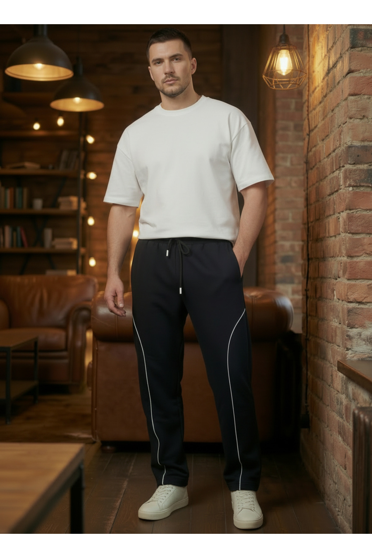 Veleno  Erkek Siyah Baggy Biyeli Oversize Relaxed 4 Mevsim Eşofman Altı Bol Paça 2 İplik Tam Kalıp - Görsel 2