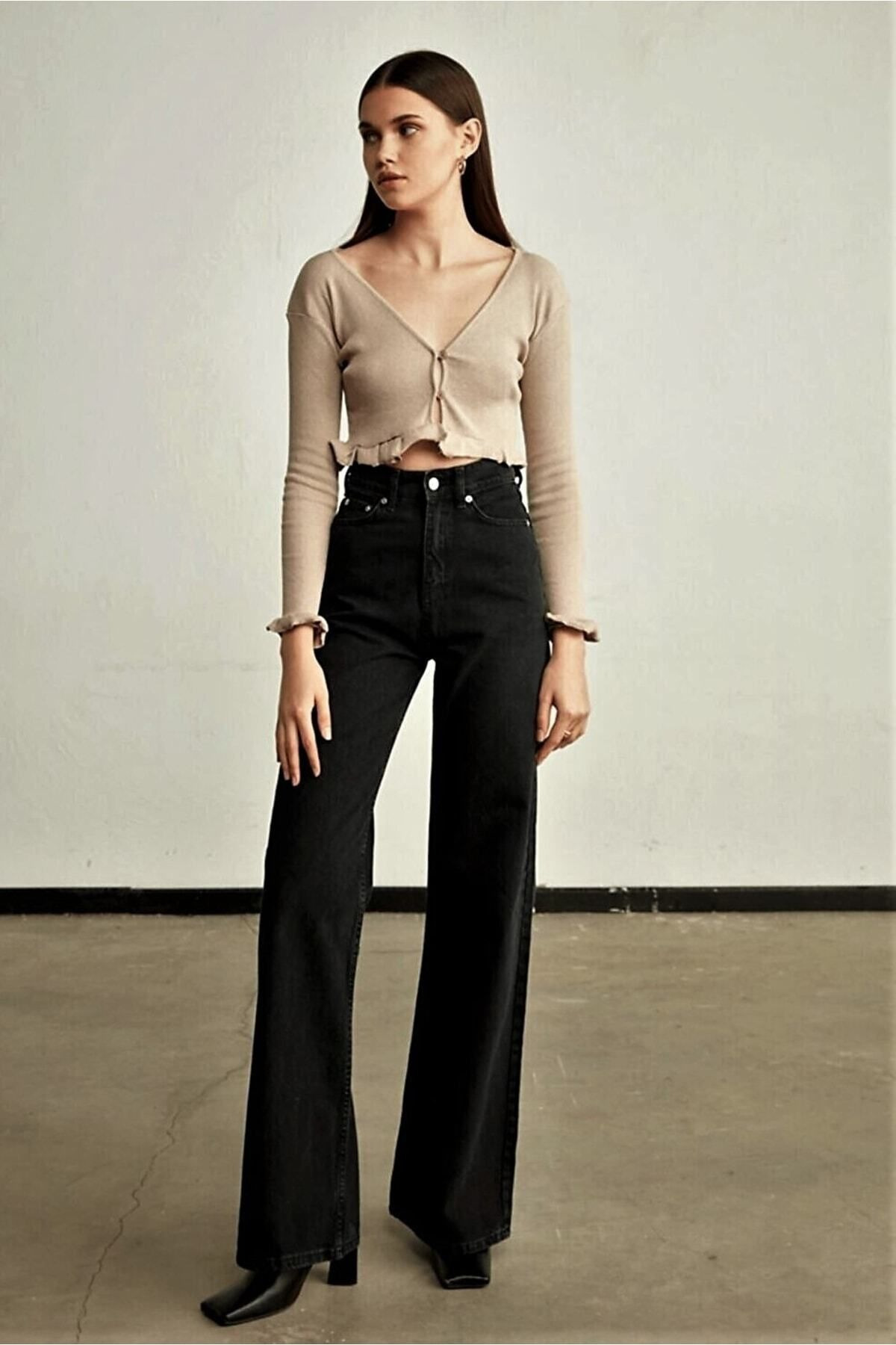 Agnes Black High Waist Wide Leg Wide Leg Jeans, Women's Lycra Palazzo Loose Jeans*4