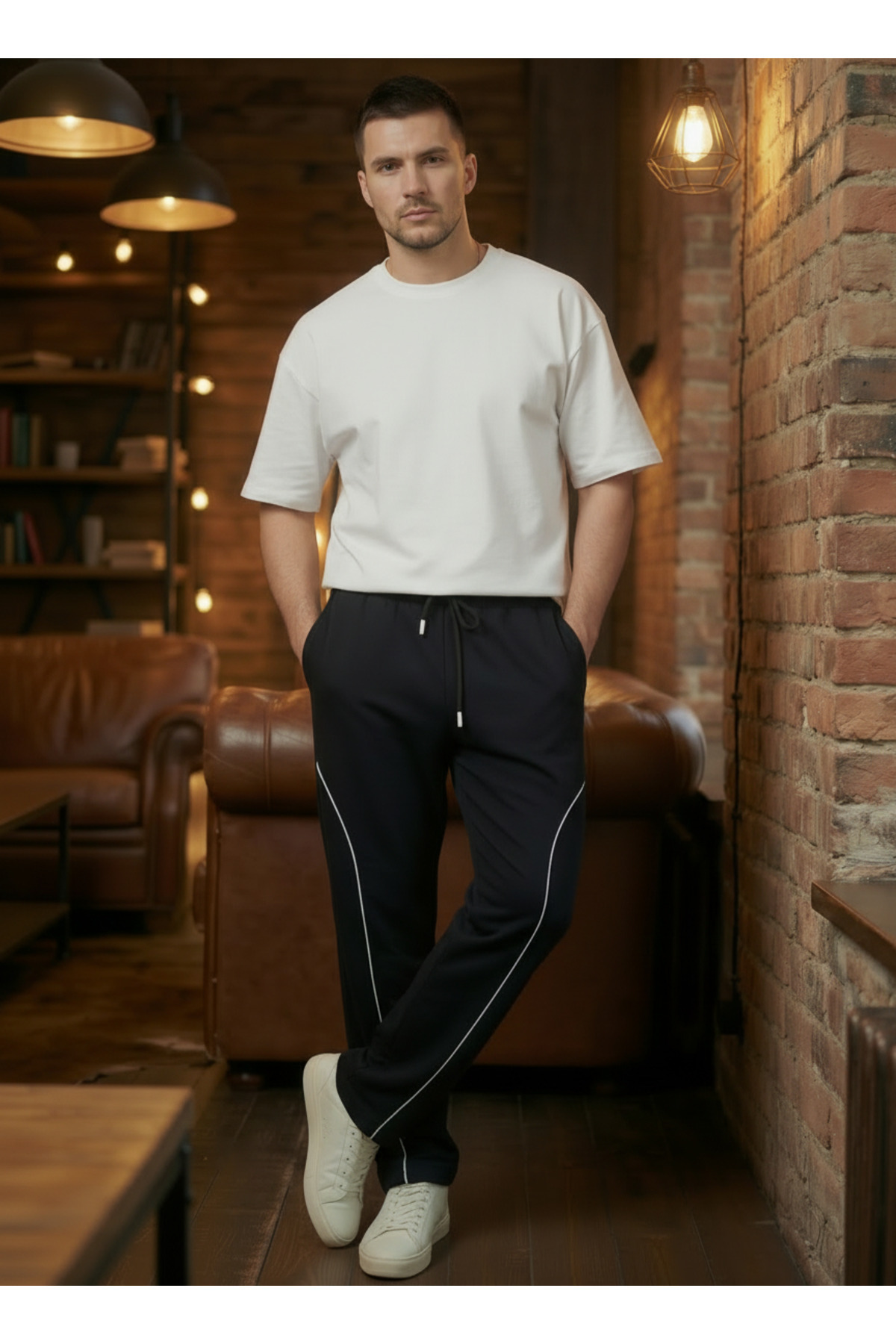 Veleno  Erkek Siyah Baggy Biyeli Oversize Relaxed 4 Mevsim Eşofman Altı Bol Paça 2 İplik Tam Kalıp - Görsel 4