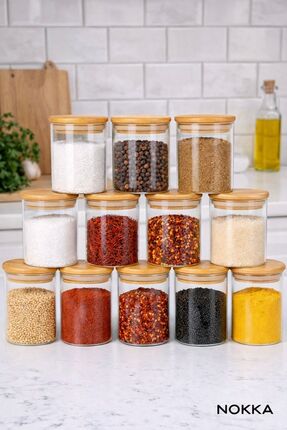 NOKKA 12 Adet Bambu Kapaklı Borosilikat Baharatlık, Saklama Kabı, Çerezlik 20...