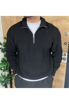 blucombin Oversize Yarım Fermuarlı Kazak Kalın Örme