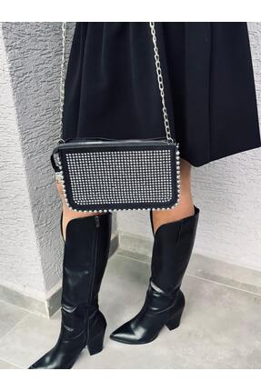 Larolina Stores Siyah Süet Kadın Zımbalı Çapraz Taş Detaylı Zincir Askılı El ...