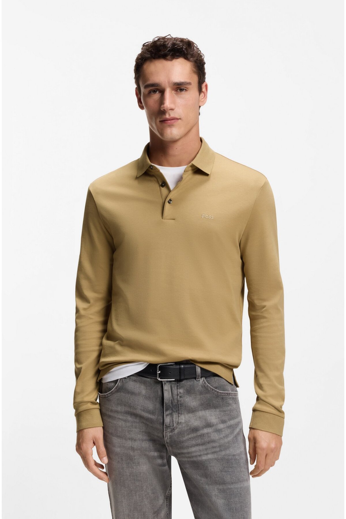 باس تی‌شرت یقه‌دار مردانه نخی یقه‌دار دکمه‌دار آستین بلند بژ 50468392-252