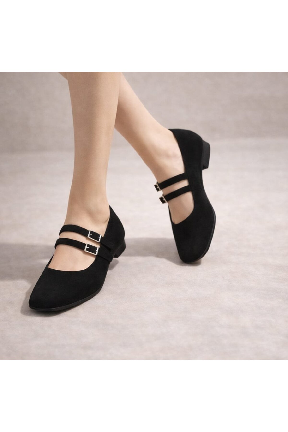 Slipcat  Kadın Üstten Kemerli Çift Tokalı Çift Bantlı Tokalı Süet Babet Süet - Görsel 4