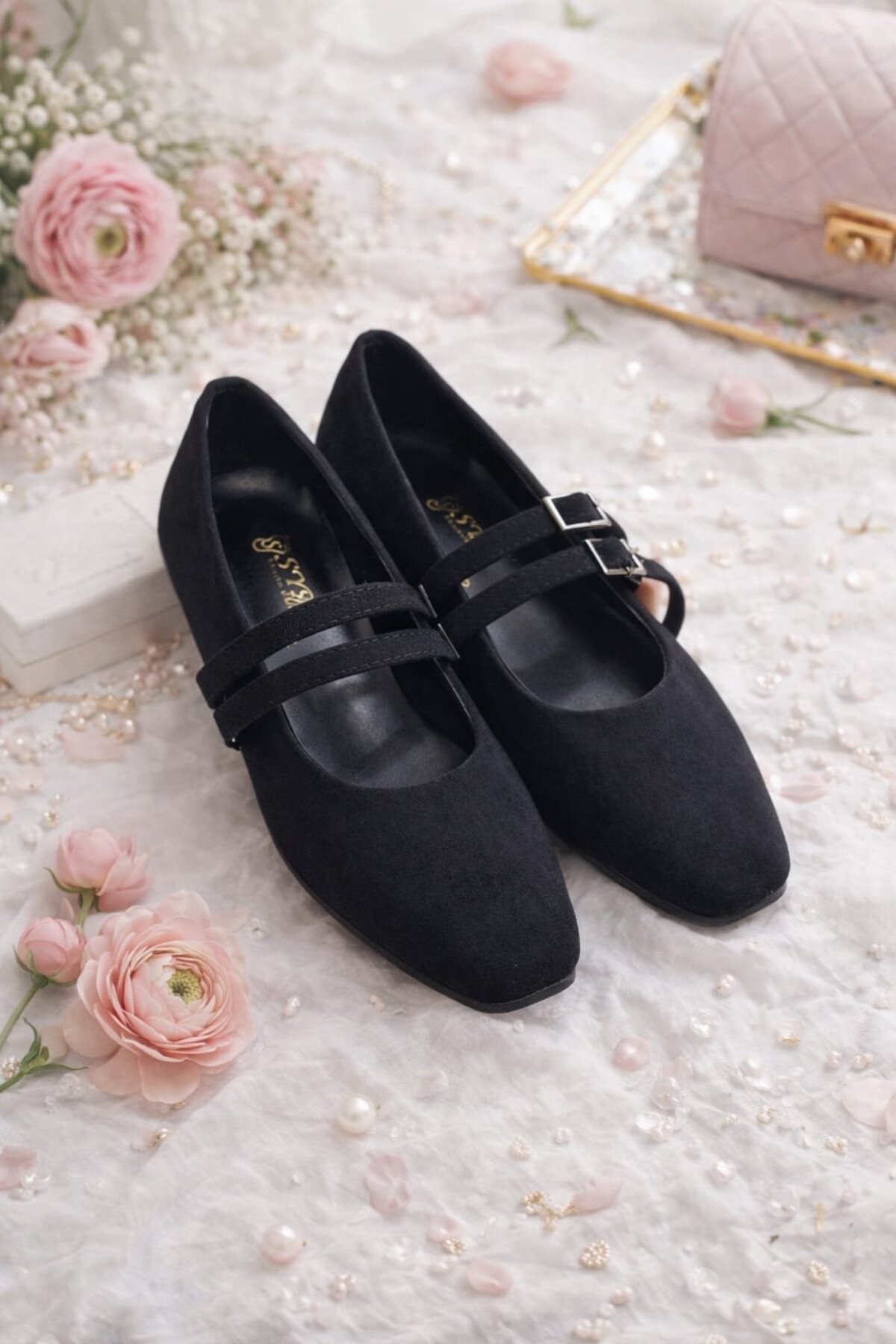 Slipcat  Kadın Üstten Kemerli Çift Tokalı Çift Bantlı Tokalı Süet Babet Süet - Görsel 6