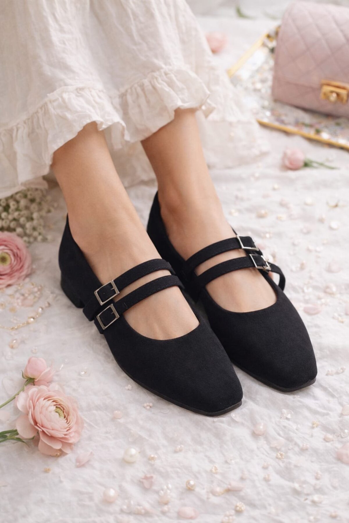 Slipcat  Kadın Üstten Kemerli Çift Tokalı Çift Bantlı Tokalı Süet Babet Süet