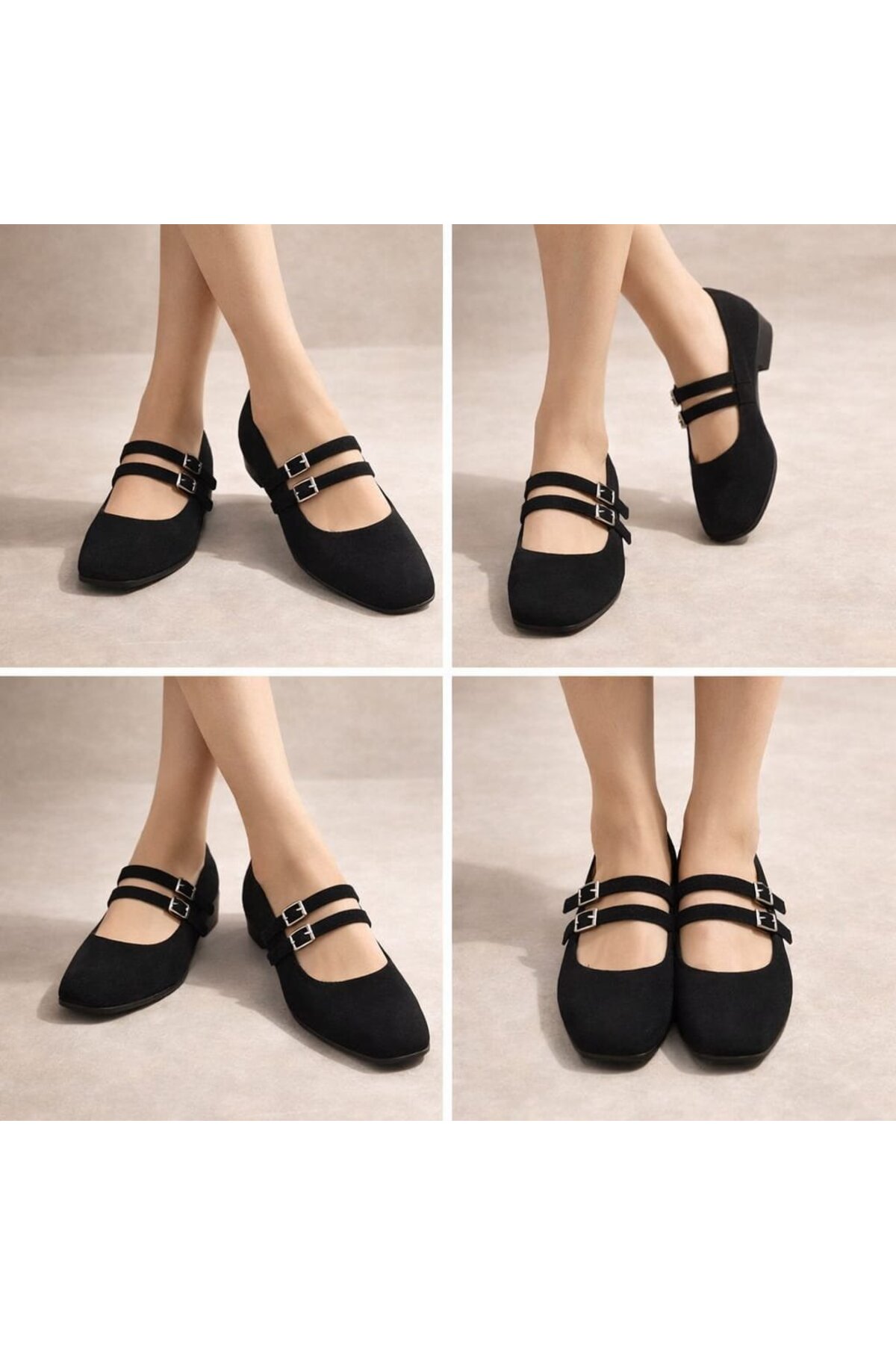 Slipcat  Kadın Üstten Kemerli Çift Tokalı Çift Bantlı Tokalı Süet Babet Süet - Görsel 8