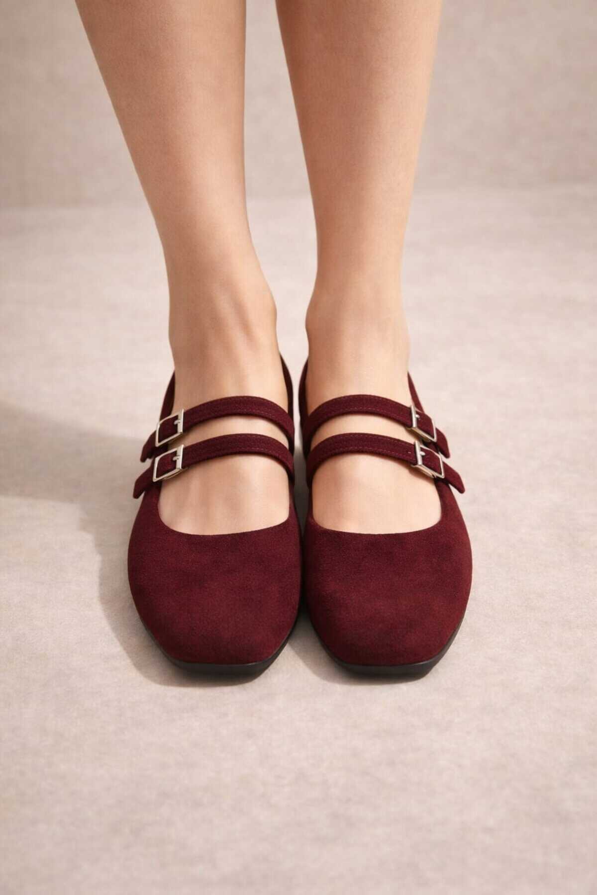 Slipcat  Kadın Üstten Kemerli Çift Tokalı Çift Bantlı Tokalı Süet Babet Süet - Görsel 6