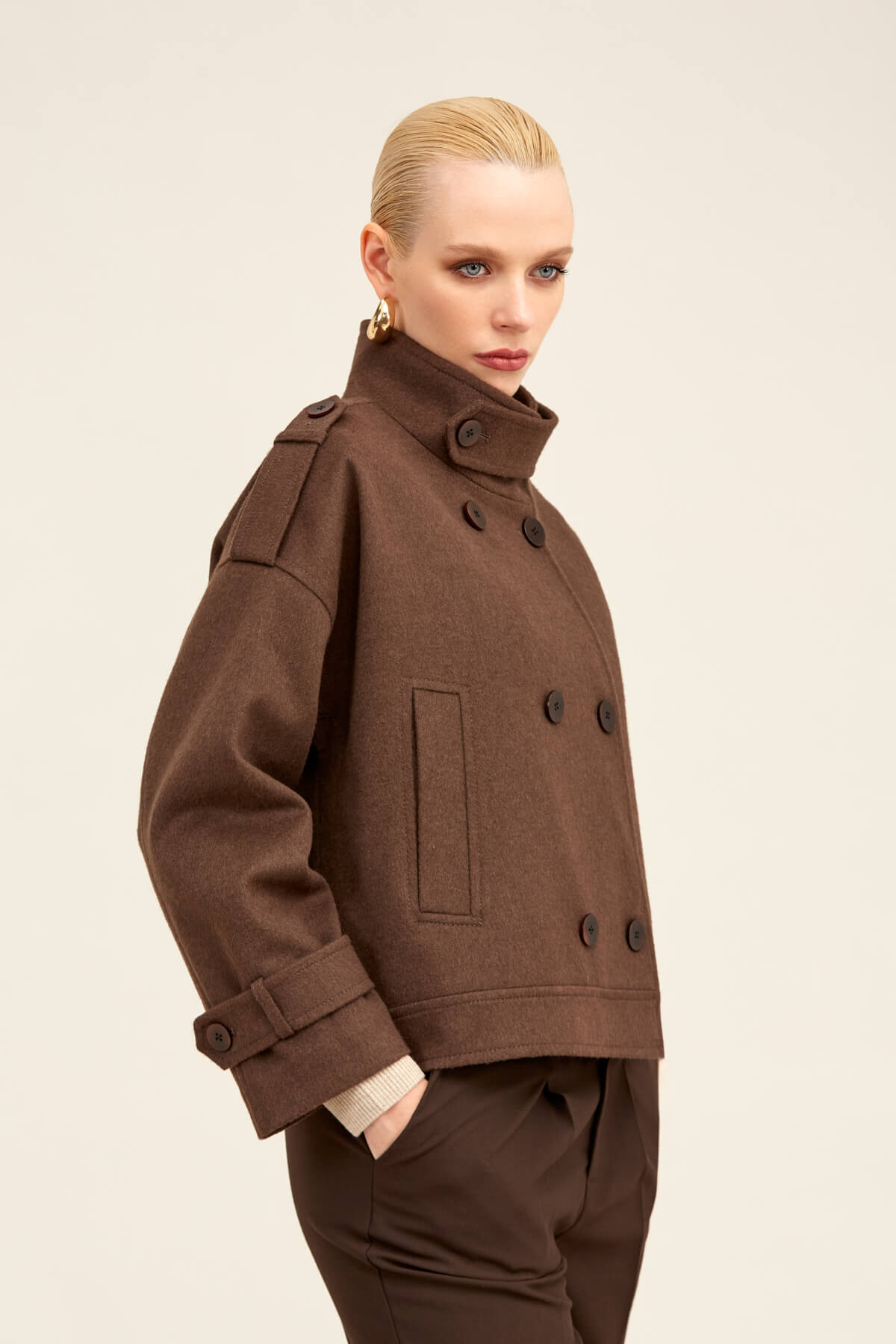 Hatemoğlu  Saykı Woman Kahverengi Regular Fit Hakim Yaka Kaşe Oversize Mont - Görsel 2