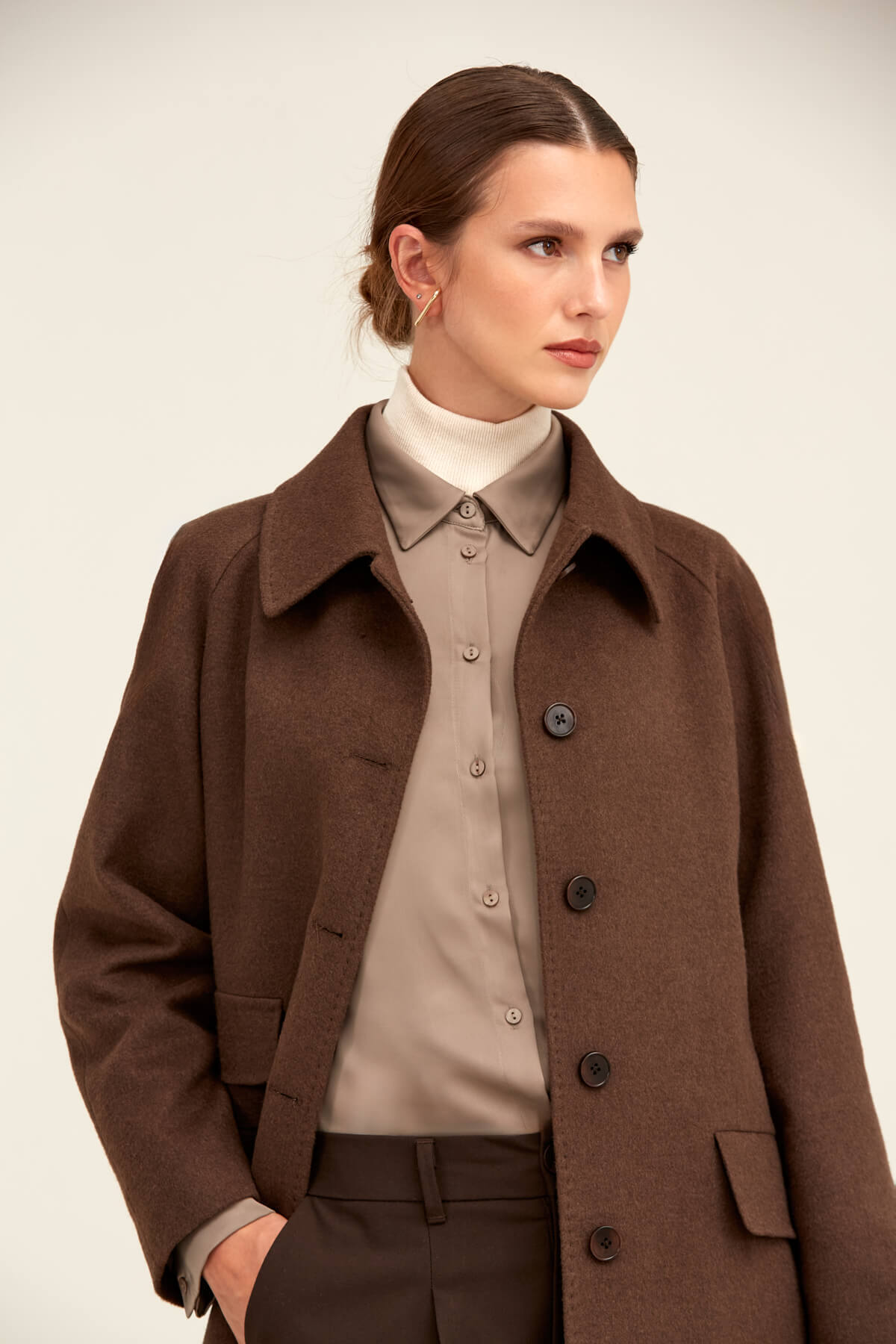 Hatemoğlu  Saykı Woman Kahverengi Dinamik Fit Bebe Yaka Kaşe Manto - Görsel 6