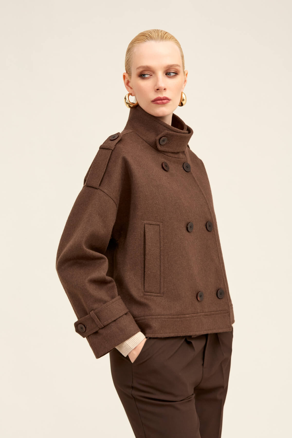 Hatemoğlu Saykı Woman Kahverengi Regular Fit Hakim Yaka Kaşe Oversize Mont