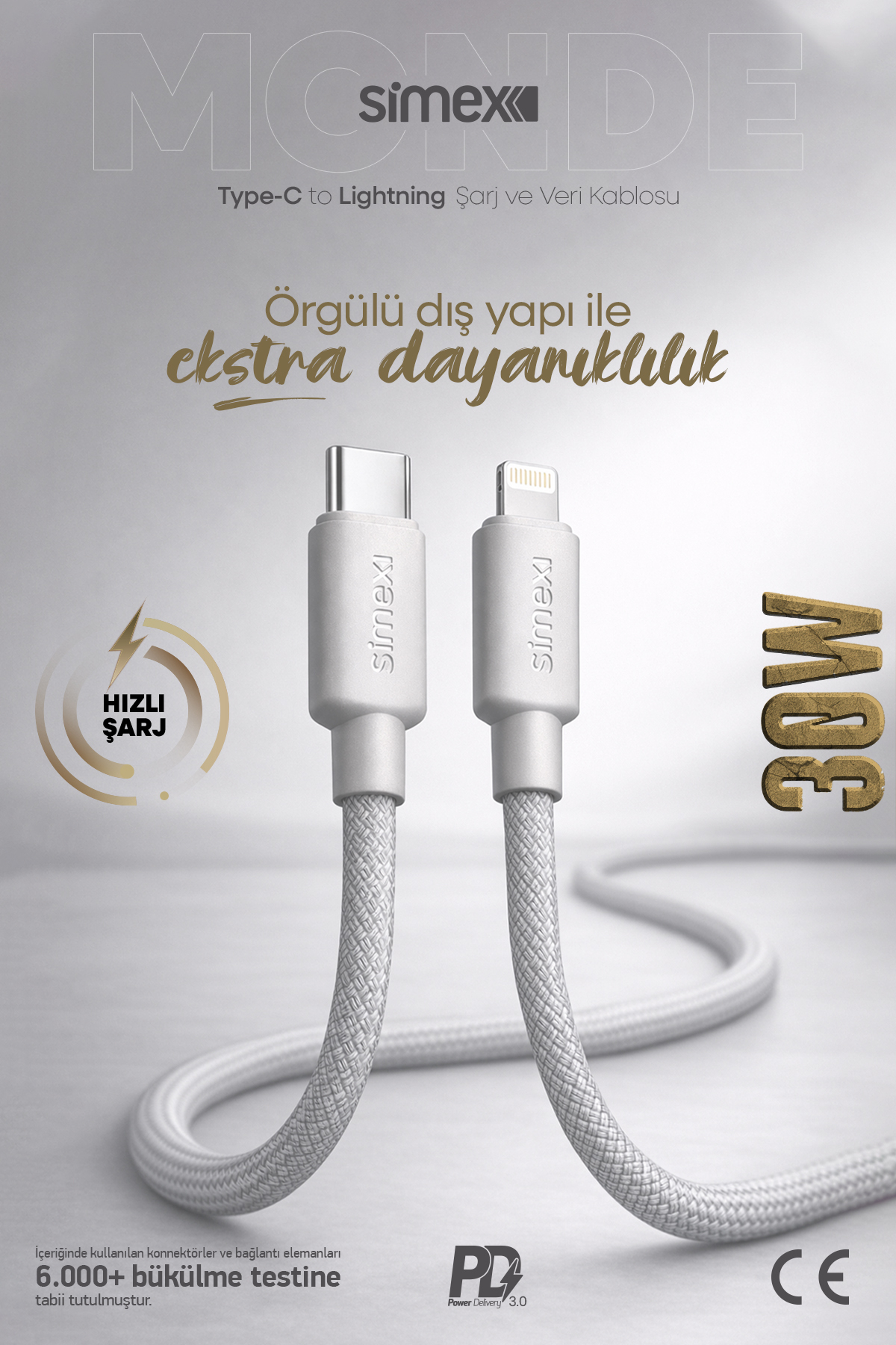Simex 30W Type-C to Lightning Hızlı Şarj Kablosu, iPhone 15/16/17 Serisi Uyumlu, Gri, 1 Metre