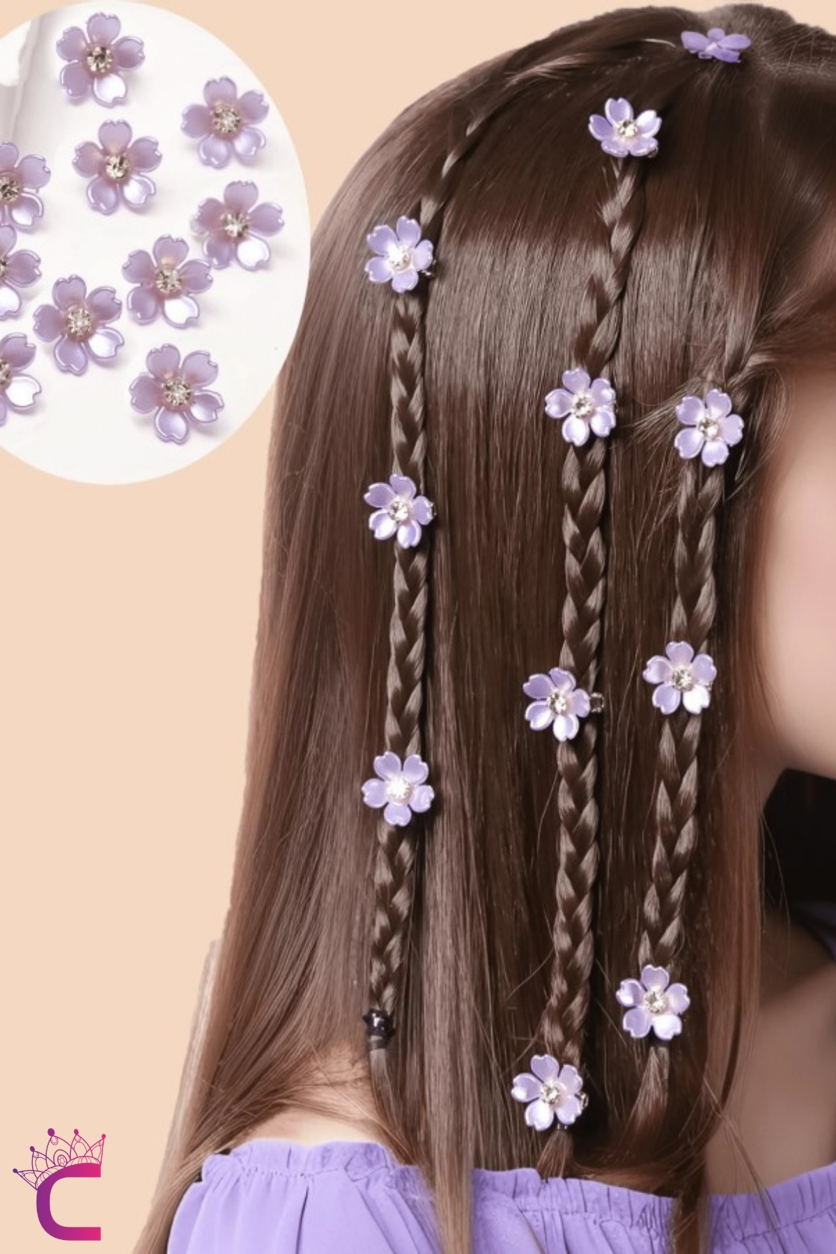 10pcs Lilac Purple Flower Gemstone Snap Clip Braid Hair Ornament - Girls Ornament Buckle Earrings Metal