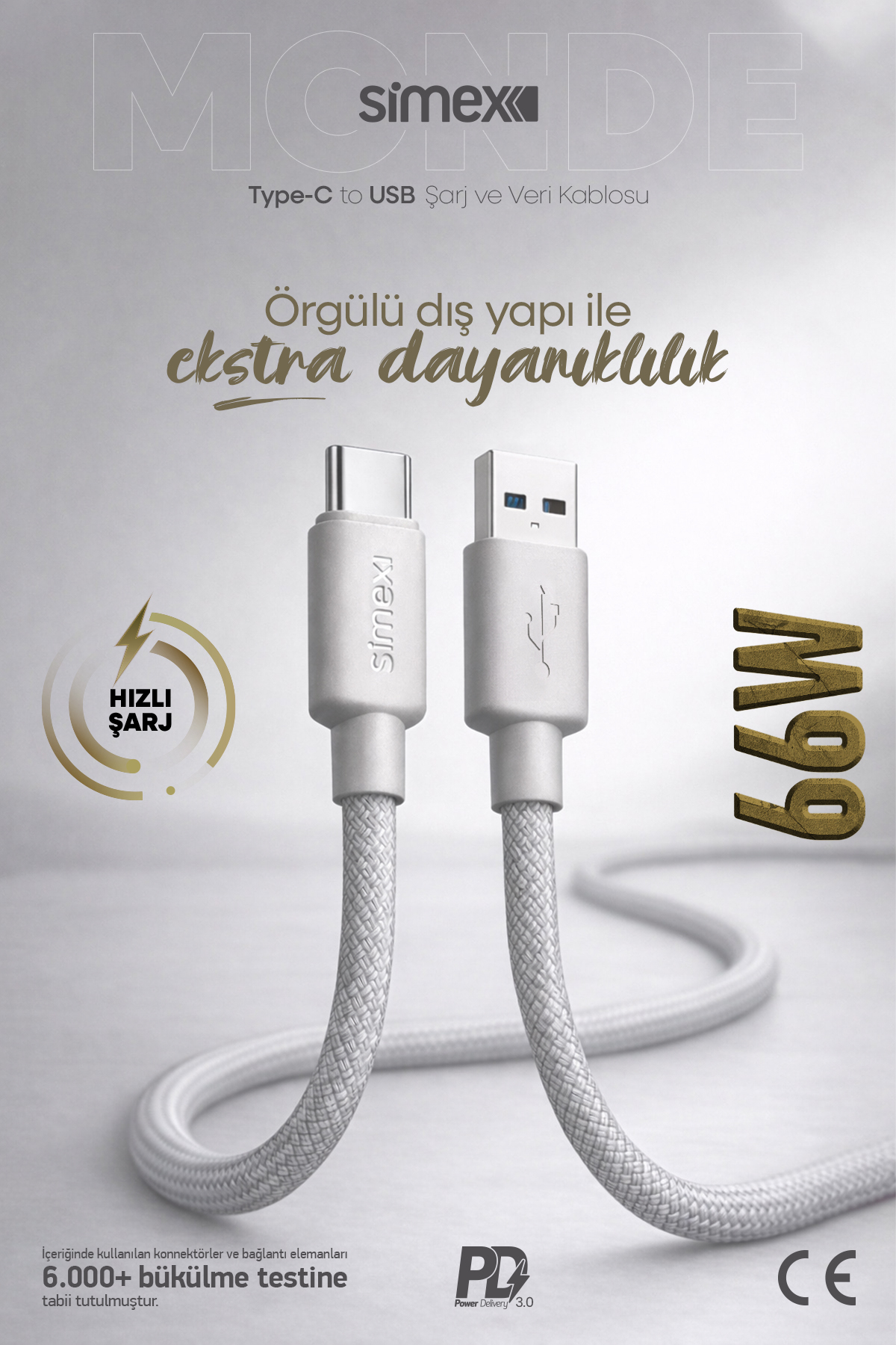 Simex 66W USB to Type-C Hızlı Şarj Kablosu, Iphone, Samsung, Xiaomi uyumlu, Gri, 1 Metre