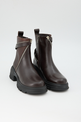 Jande Kadın Çapraz Fermuar Detaylı Kalın Taban Bot – Kahverengi Hakiki Deri