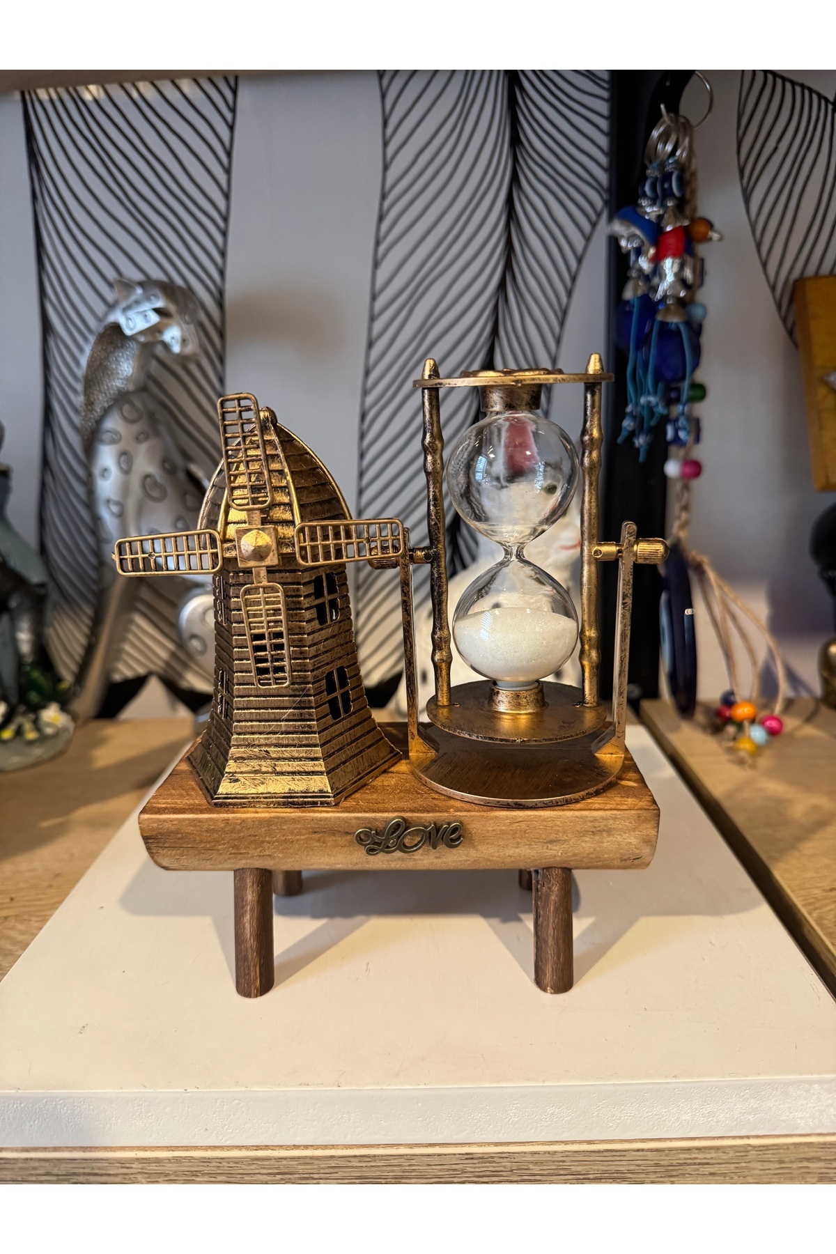 Atak Hediyelik Dekoratif Ahşap Kütüklü Rüzgar gülü kum saati