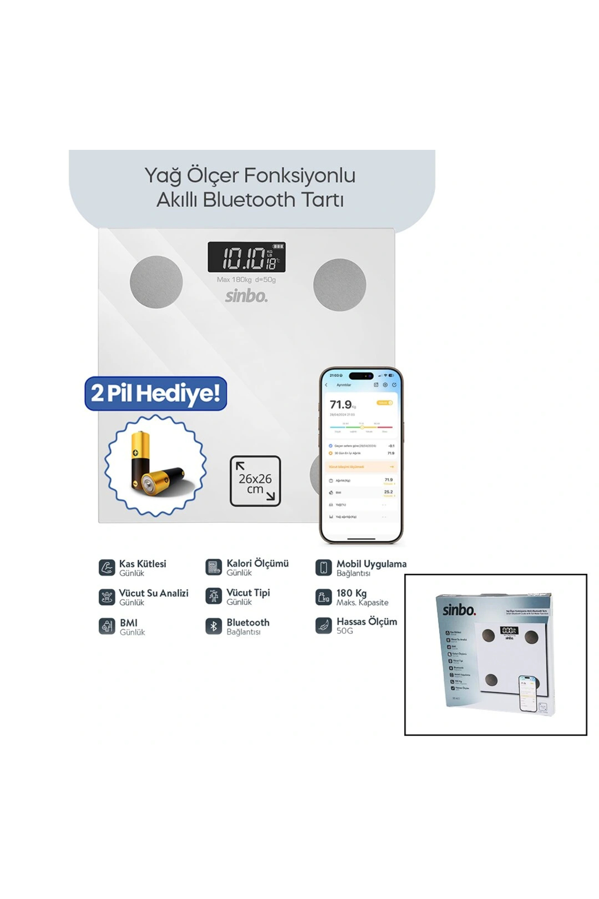 Go İthalat BEYAZ YAĞ ÖLÇER AKILLI BLUETOOTH CAM BASKÜL PİLLİ 180KG/50GR 26X26CM 8-KİŞİ HAFIZA LCD EKRAN ℃ GÖSTE