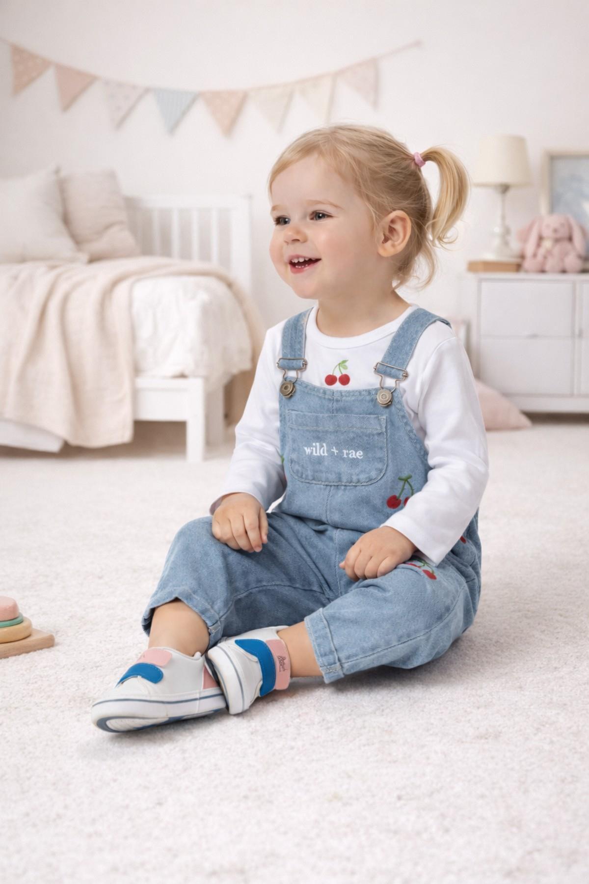 dinamik çocuk Kız Bebek Çiçek/Çilekli/Kirazlı Nakışlı Uzun Kollu Badili Esnek Kot Salopet 2li Takım Bayramlık 6-9- fotoğrafı 3 (önizleme)