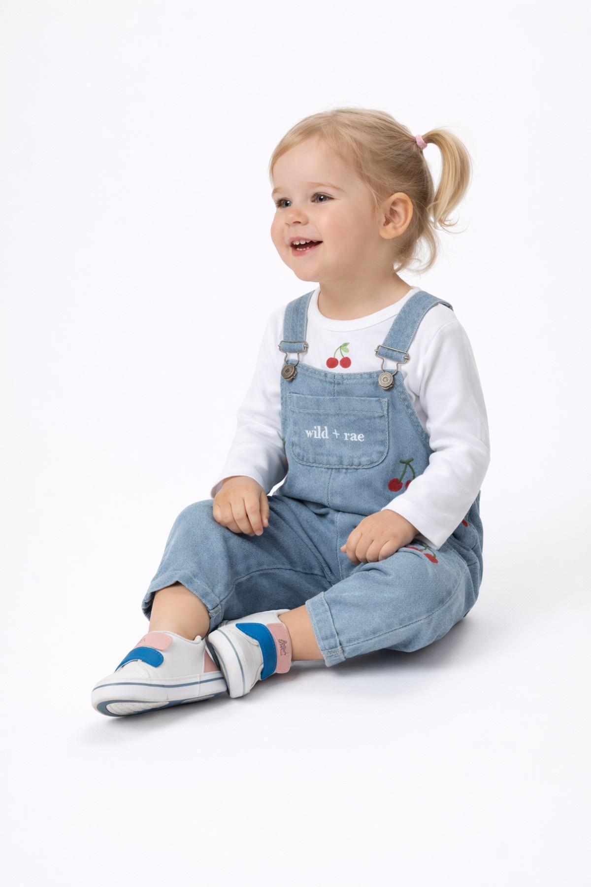 dinamik çocuk Kız Bebek Çiçek/Çilekli/Kirazlı Nakışlı Uzun Kollu Badili Esnek Kot Salopet 2li Takım Bayramlık 6-9- fotoğrafı 6 (önizleme)