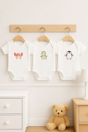 Bebe wini %100 Pamuk 3'lü Hayvan Baskılı Kısa Kollu Bebek Body