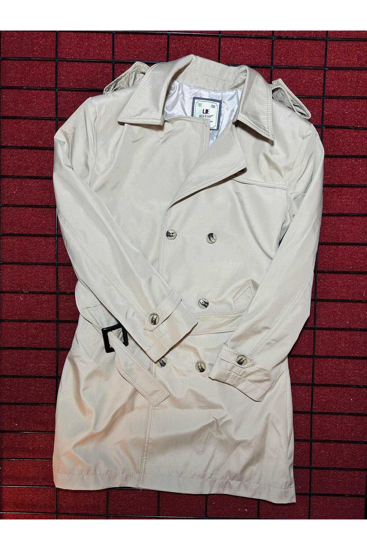 NAxE Men's Clothing Erkek Bej Regular Fit Kruvaze Kapama Kemerli Apoletli Uzun Trençkot