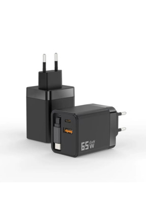 MATECHNO 65W Gan Hızlı Şarj Adaptörü Dahili Type-C Kablo 1xUSB PD 1xType-C Şa...