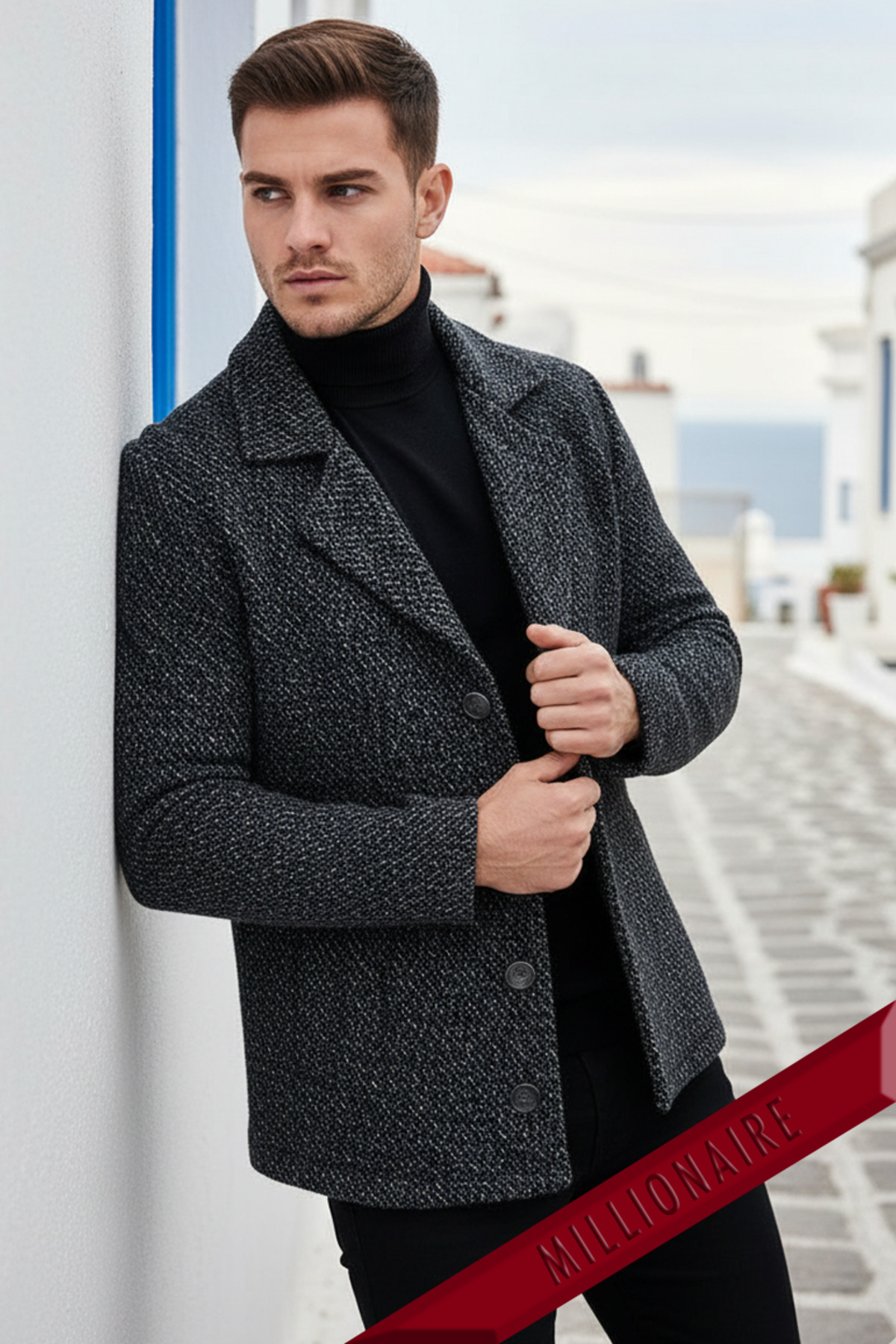 Millionaire Erkek Kruvaze Yaka Siyah Beyaz Kırçıllı Polar Dokuma 4 Düğme Old Money Culture Blazer Spor Ceket