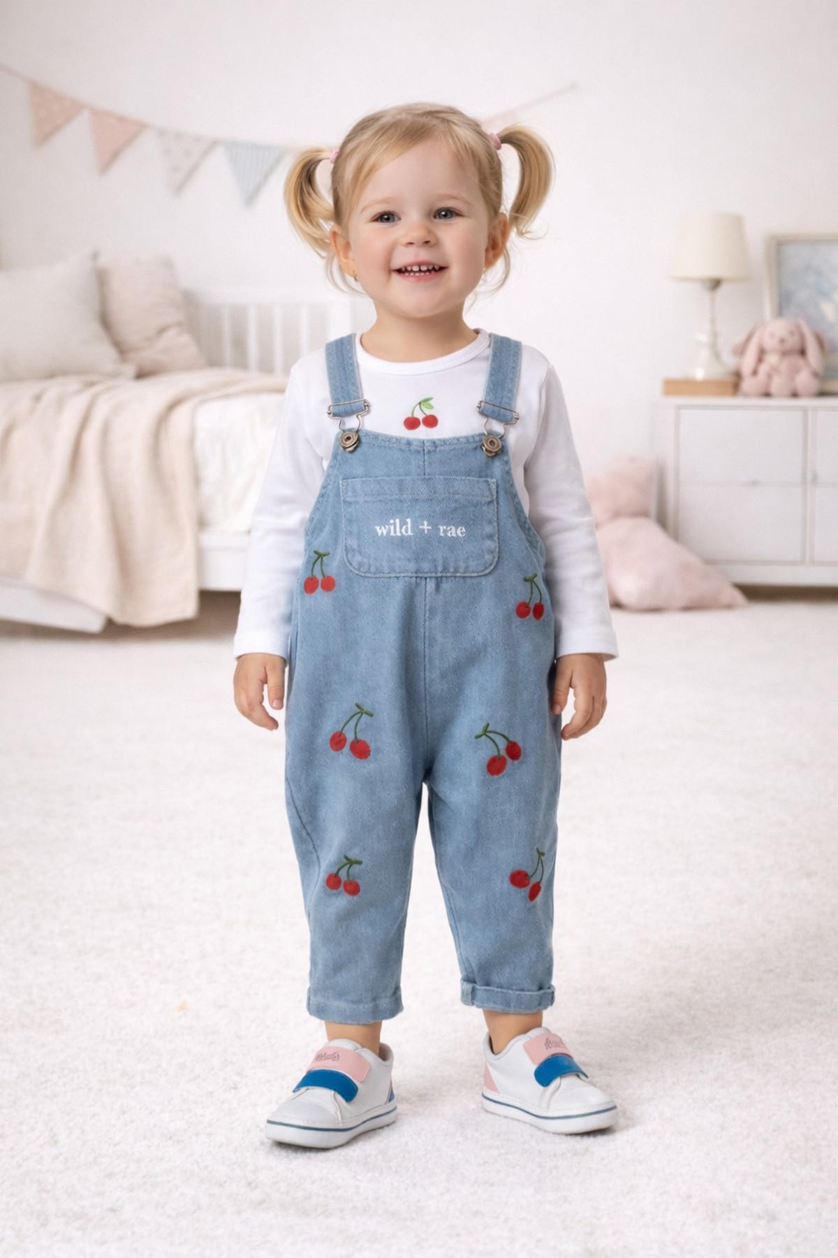 dinamik çocuk Kız Bebek Çiçek/Çilekli/Kirazlı Nakışlı Uzun Kollu Badili Esnek Kot Salopet 2li Takım Bayramlık 6-9- fotoğrafı 4 (önizleme)