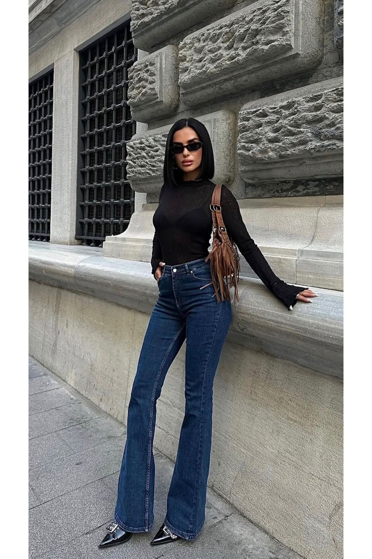 MRİABE  VEGA Ispanyol Yüksek Bel Solmaz Koyu Mavi Kot Pantolon - Görsel 4