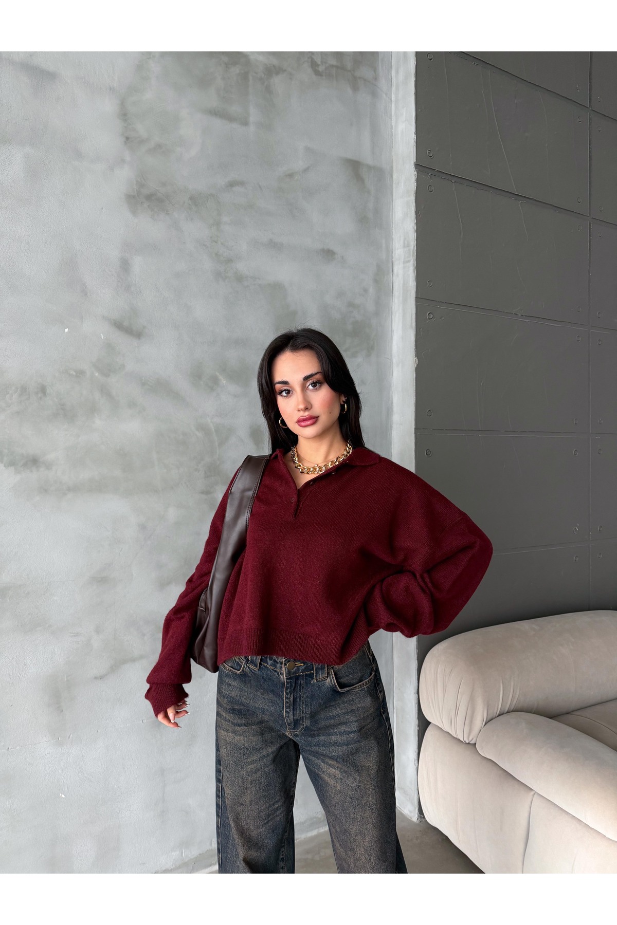 figo  Oversize Polo Yaka Düğmeli Kadın Kazak - Görsel 7