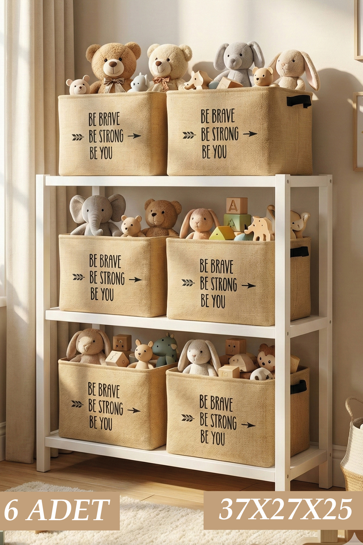 PH Prendi Home 6'lı Büyük Boy Jüt Saklama Kutusu 37x27x25 cm Oyuncak Sepeti Dolap İçi Düzenleyici Kumaş Organizer