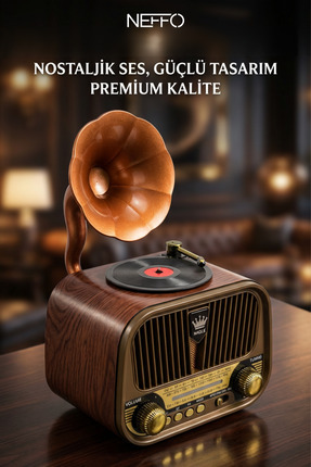 NEFFO Nostaljik Gramofon Tasarımlı Bluetooth Hoparlör, Plak Çalar Görünümlü R...