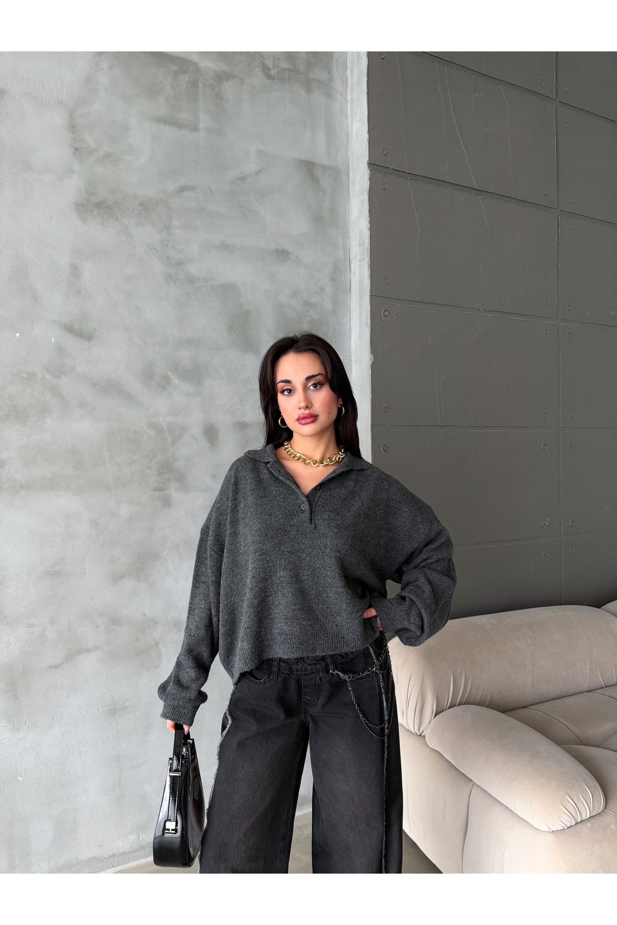 figo  Oversize Polo Yaka Düğmeli Kadın Kazak - Görsel 2