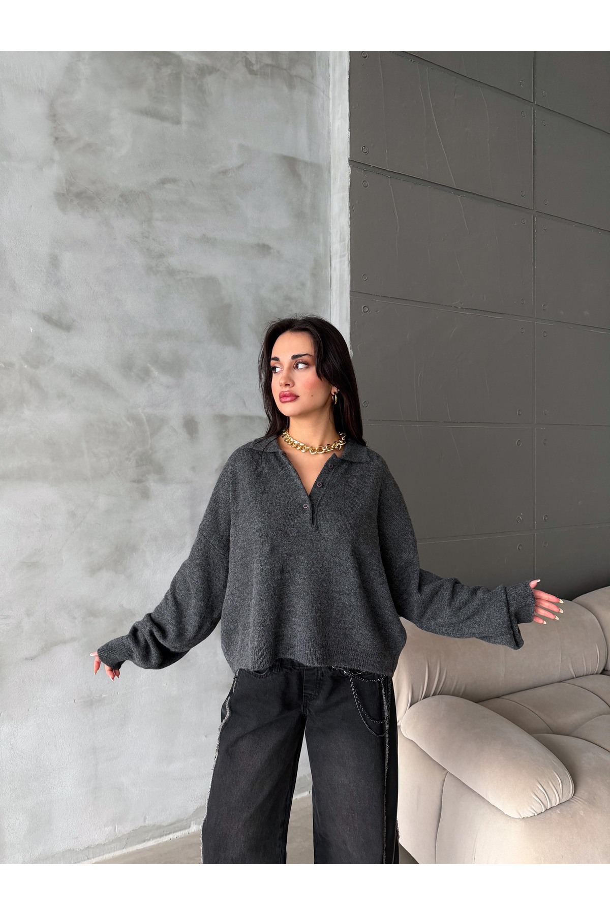 figo  Oversize Polo Yaka Düğmeli Kadın Kazak - Görsel 8