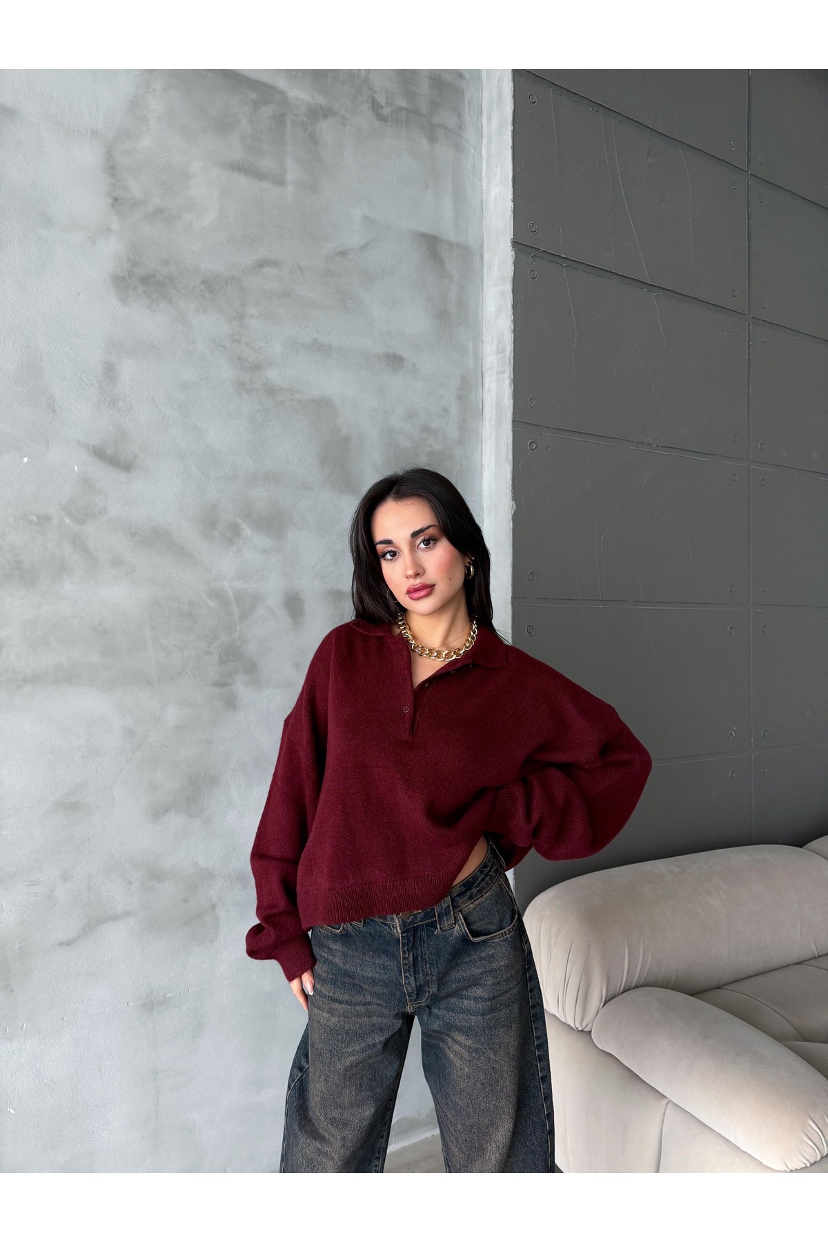 figo  Oversize Polo Yaka Düğmeli Kadın Kazak - Görsel 8