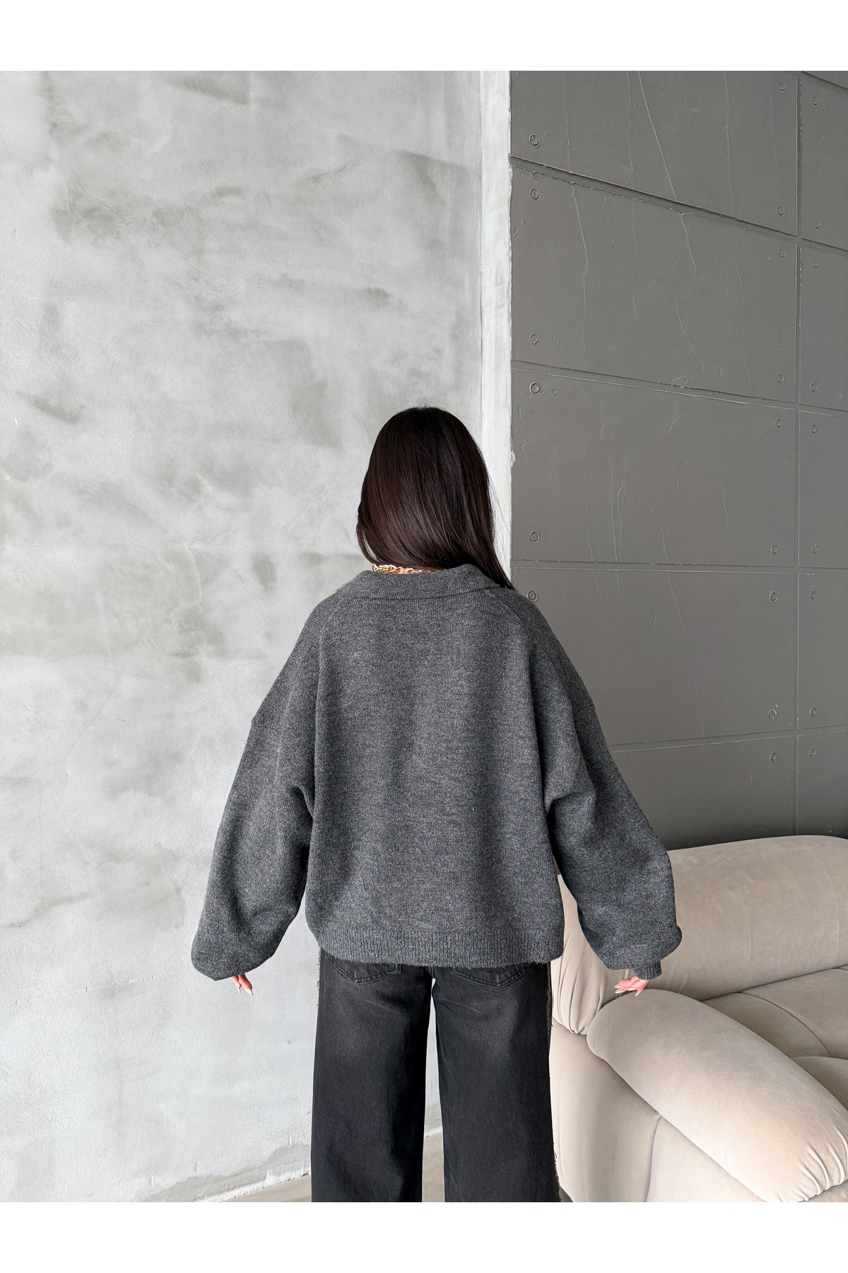 figo  Oversize Polo Yaka Düğmeli Kadın Kazak - Görsel 3