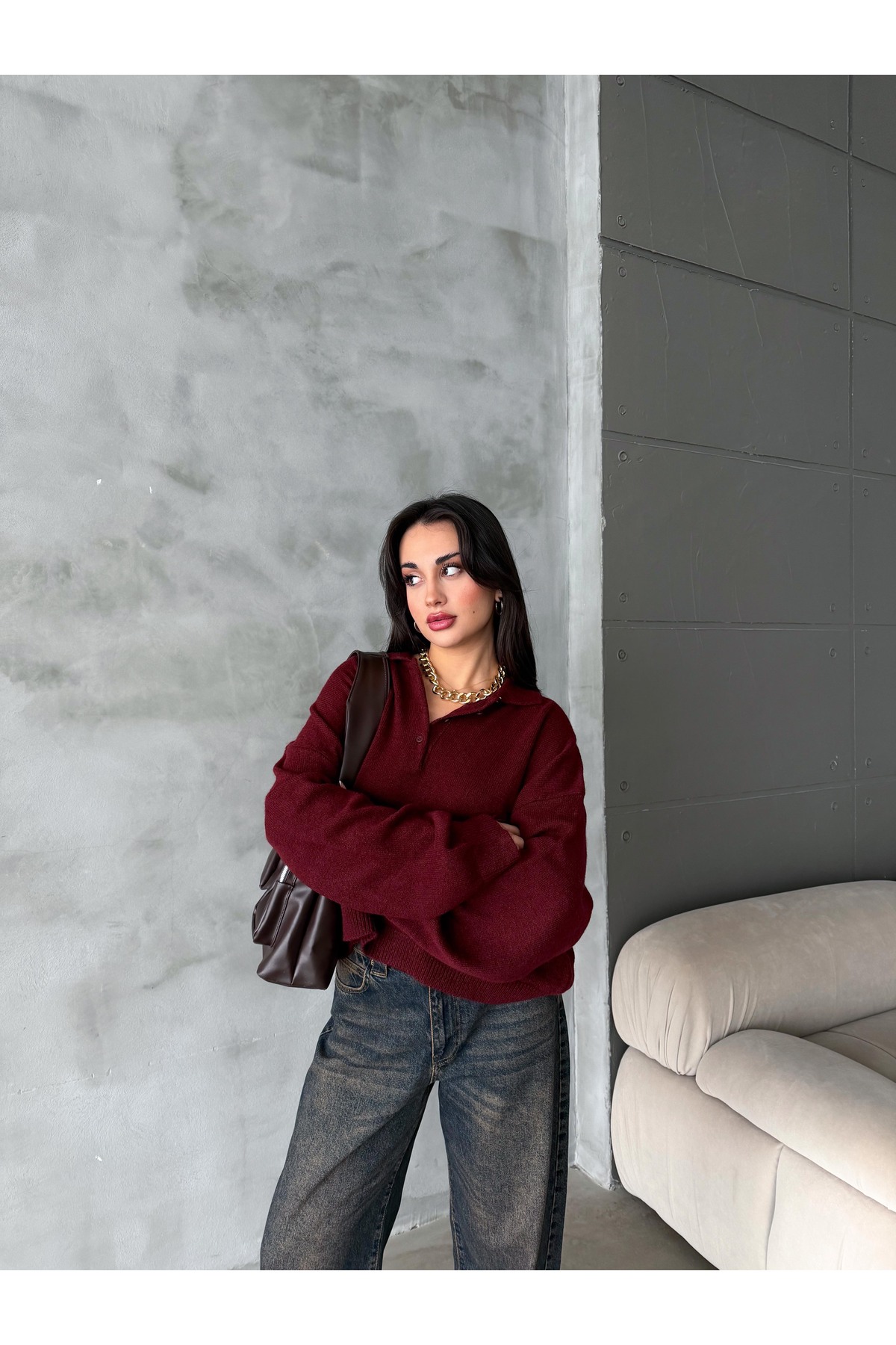 figo  Oversize Polo Yaka Düğmeli Kadın Kazak - Görsel 2