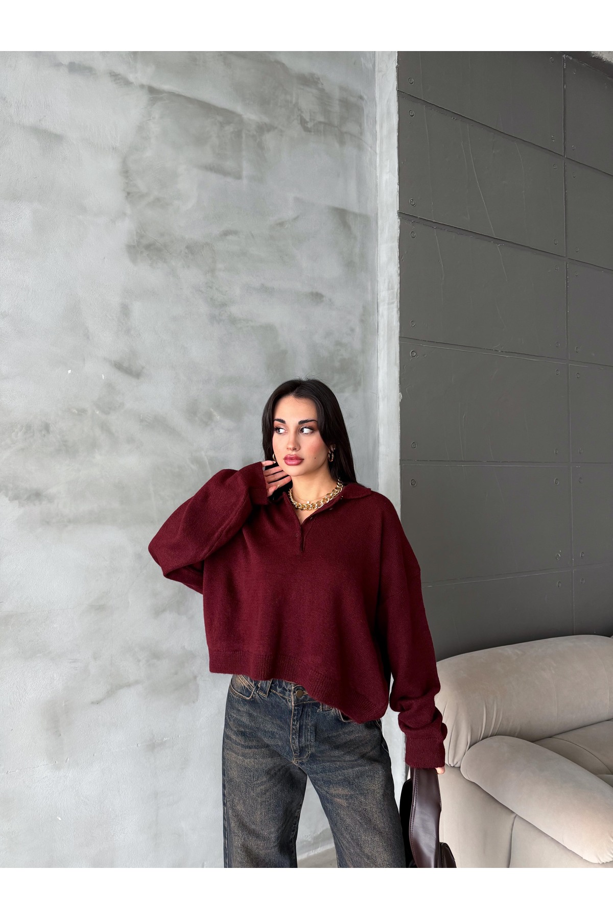 figo  Oversize Polo Yaka Düğmeli Kadın Kazak - Görsel 5
