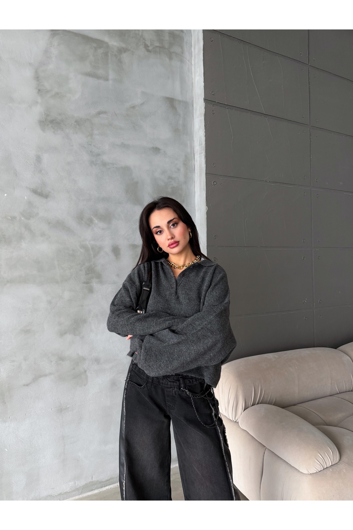 figo  Oversize Polo Yaka Düğmeli Kadın Kazak - Görsel 5