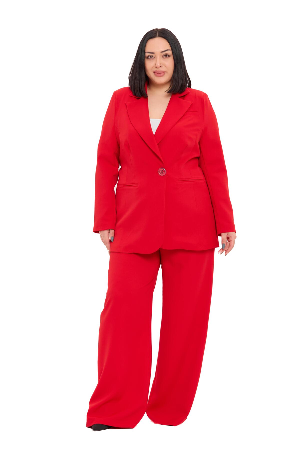 DISENTIS MODEST Büyük Beden Tek Düğmeli Kırmızı Ceket Pantolon İkili Takım