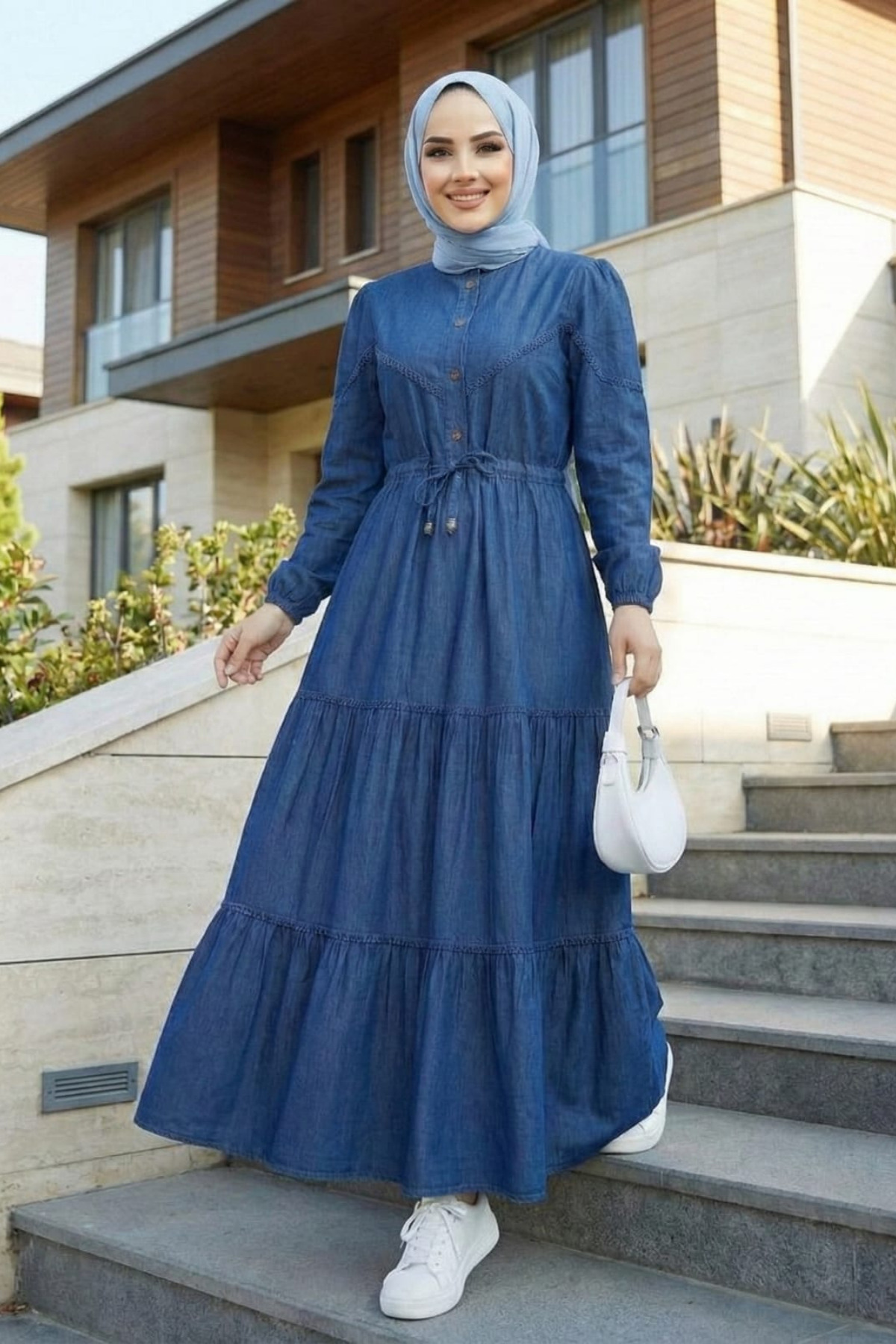 Hb Harma Time Butik  Kadın Dantel Detaylı Düğmeli ve Bağcıklı Koyu Kot Mavi Uzun Elbise - Görsel 2