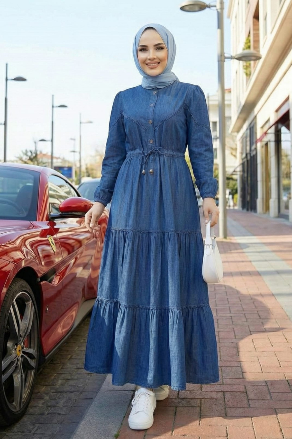 Hb Harma Time Butik  Kadın Dantel Detaylı Düğmeli ve Bağcıklı Koyu Kot Mavi Uzun Elbise - Görsel 5